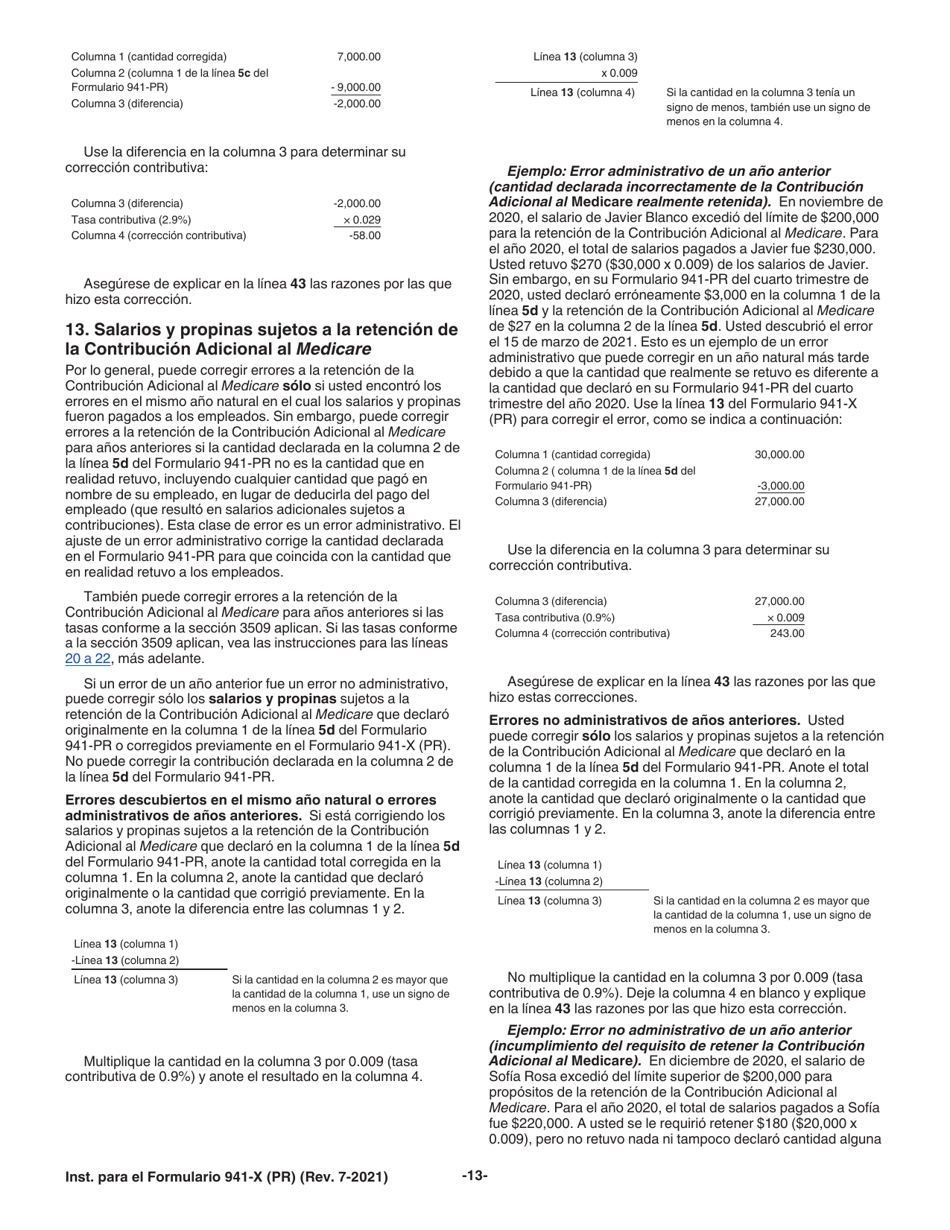 Instrucciones para IRS Formulario 941-X (PR) Ajuste a La Declaracion Federal Trimestral Del Patrono O Reclamacion De Reembolso (Puerto Rican Spanish), Page 13