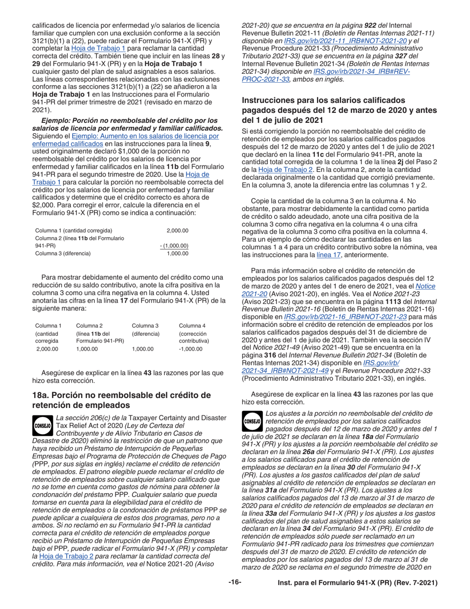 Instrucciones para IRS Formulario 941-X (PR) Ajuste a La Declaracion Federal Trimestral Del Patrono O Reclamacion De Reembolso (Puerto Rican Spanish), Page 16
