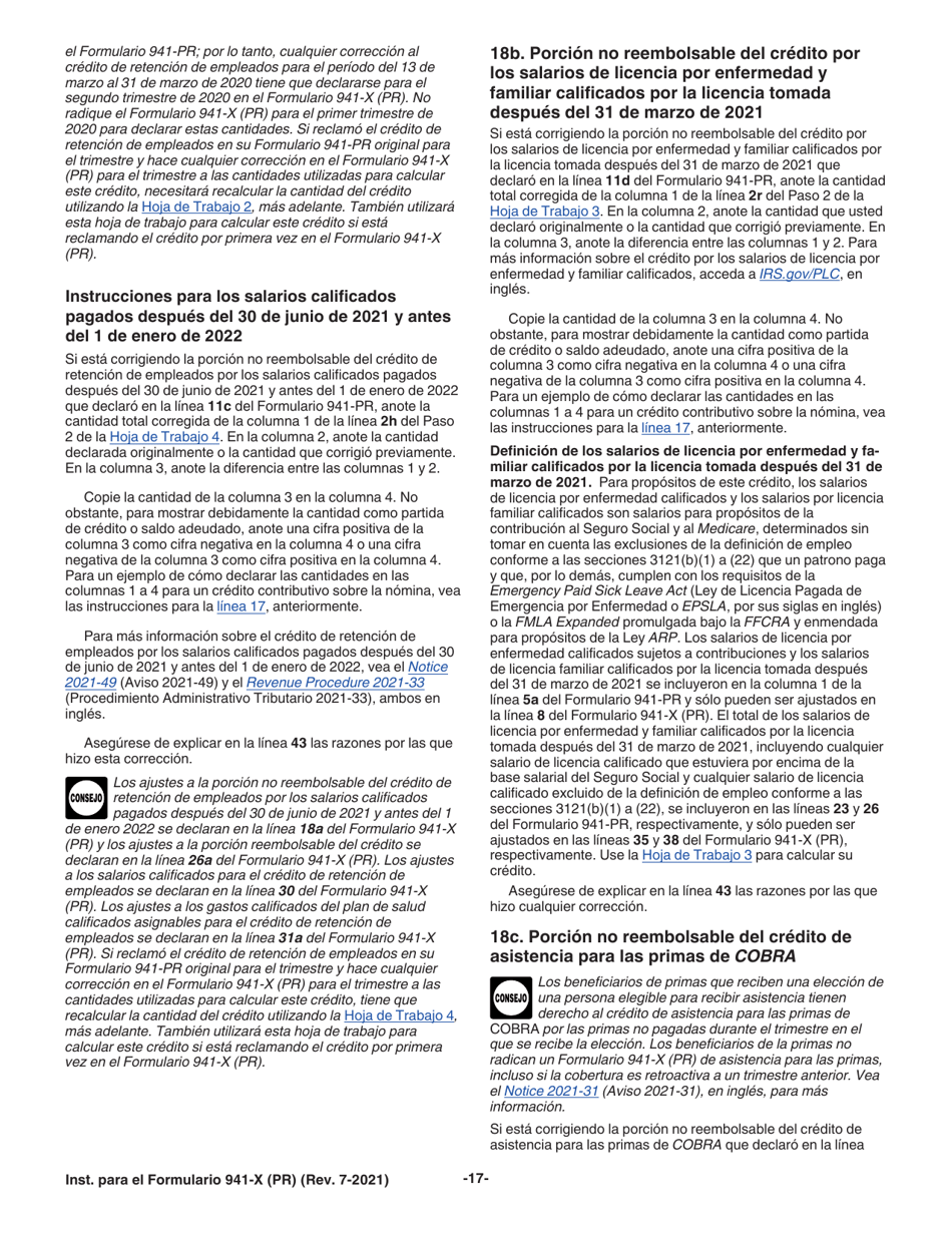 Instrucciones para IRS Formulario 941-X (PR) Ajuste a La Declaracion Federal Trimestral Del Patrono O Reclamacion De Reembolso (Puerto Rican Spanish), Page 17