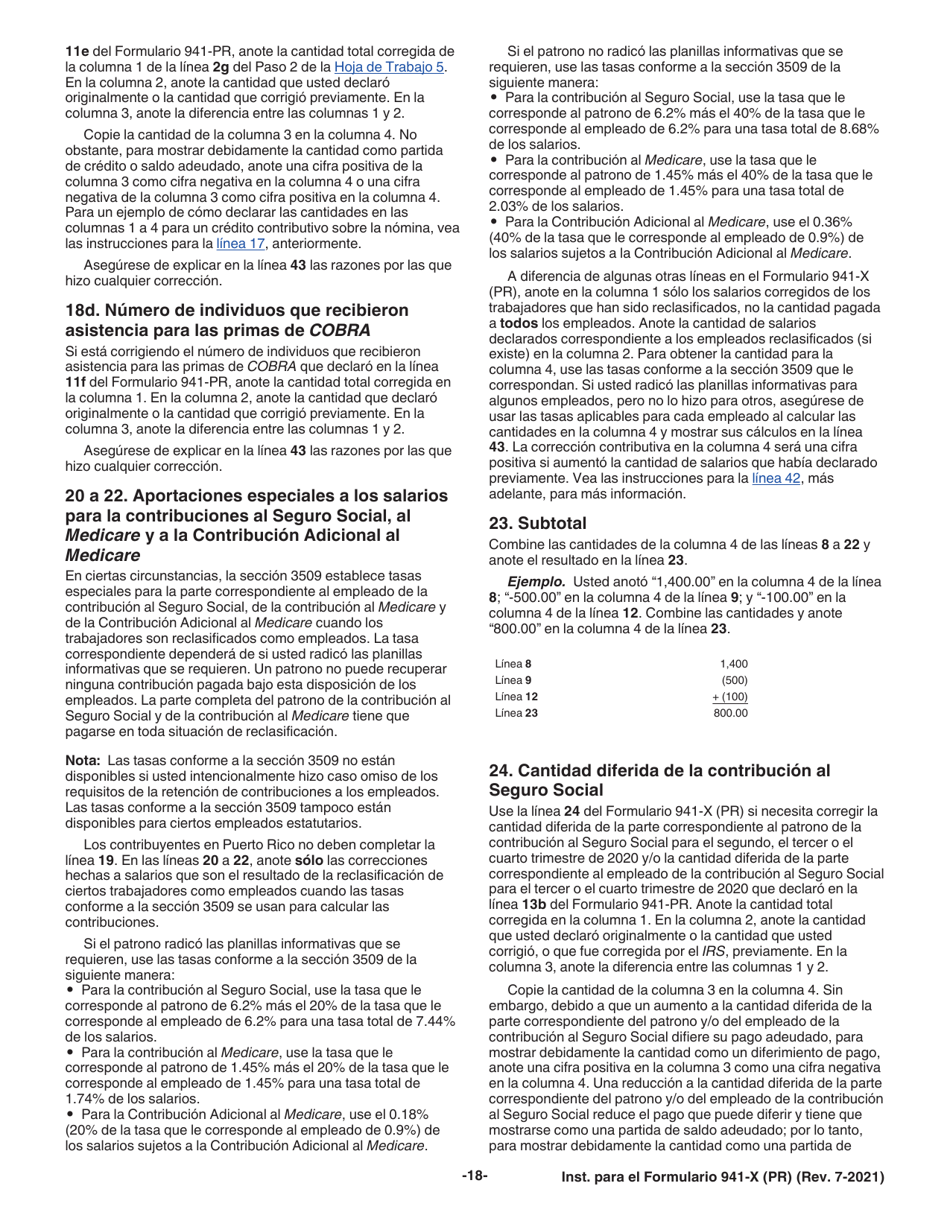 Instrucciones para IRS Formulario 941-X (PR) Ajuste a La Declaracion Federal Trimestral Del Patrono O Reclamacion De Reembolso (Puerto Rican Spanish), Page 18