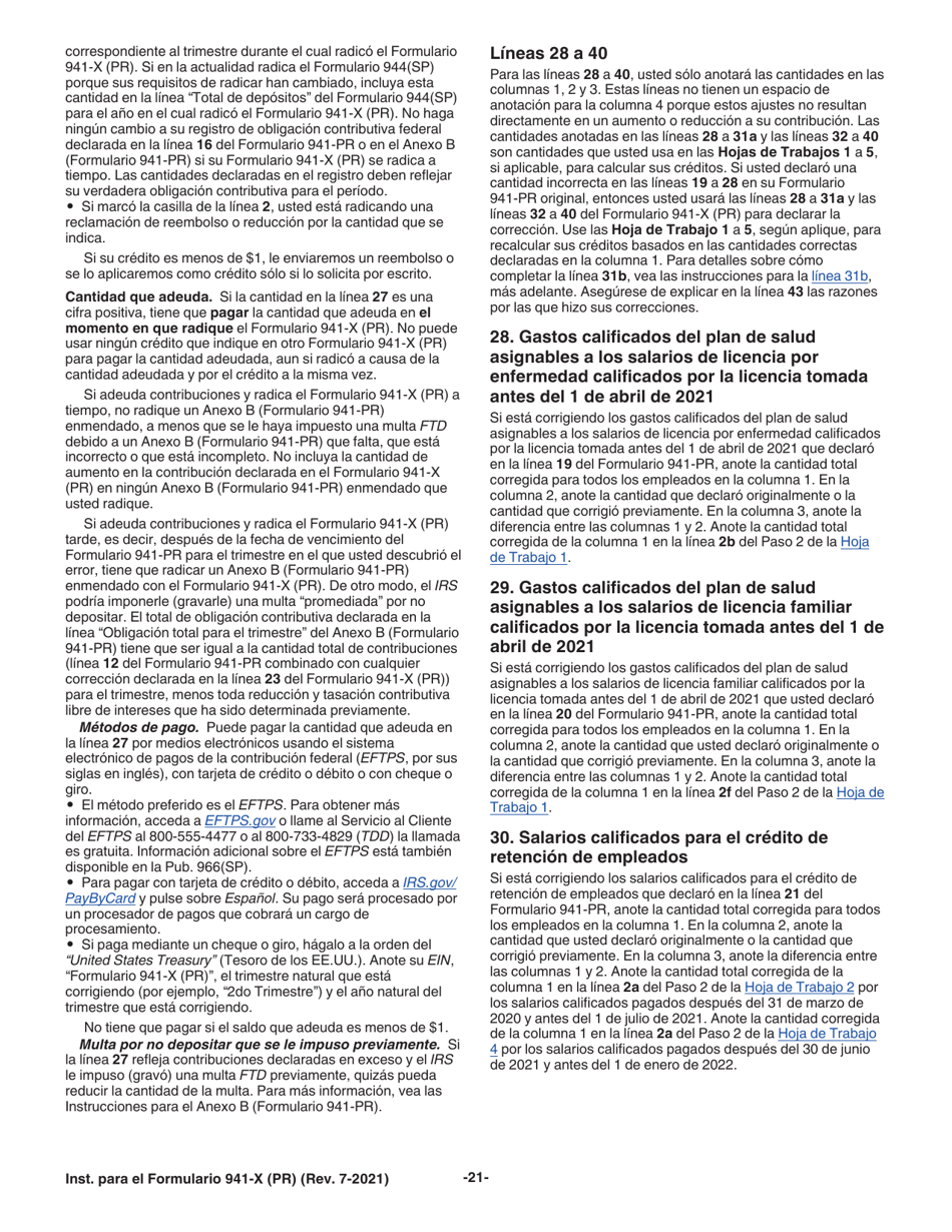 Instrucciones para IRS Formulario 941-X (PR) Ajuste a La Declaracion Federal Trimestral Del Patrono O Reclamacion De Reembolso (Puerto Rican Spanish), Page 21