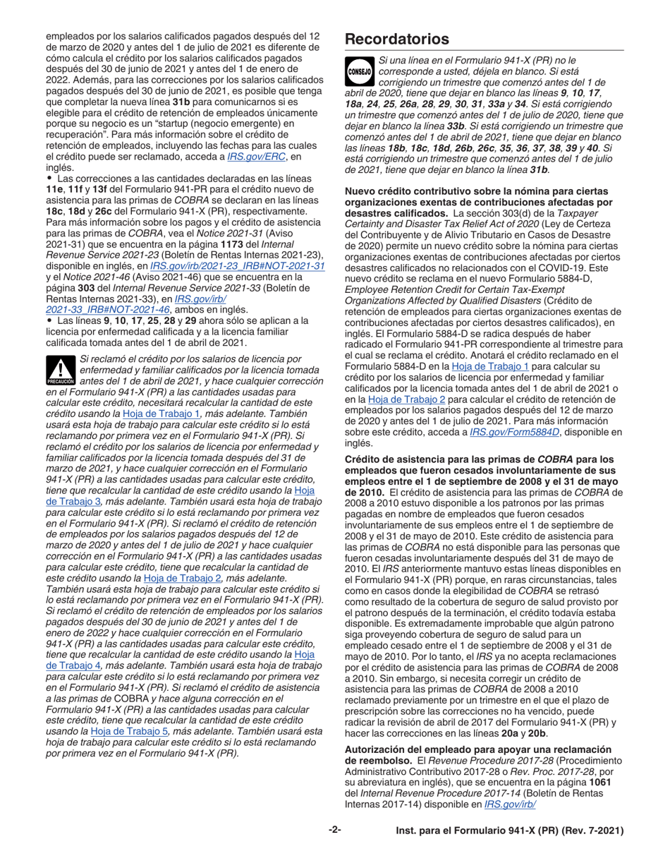 Instrucciones para IRS Formulario 941-X (PR) Ajuste a La Declaracion Federal Trimestral Del Patrono O Reclamacion De Reembolso (Puerto Rican Spanish), Page 2