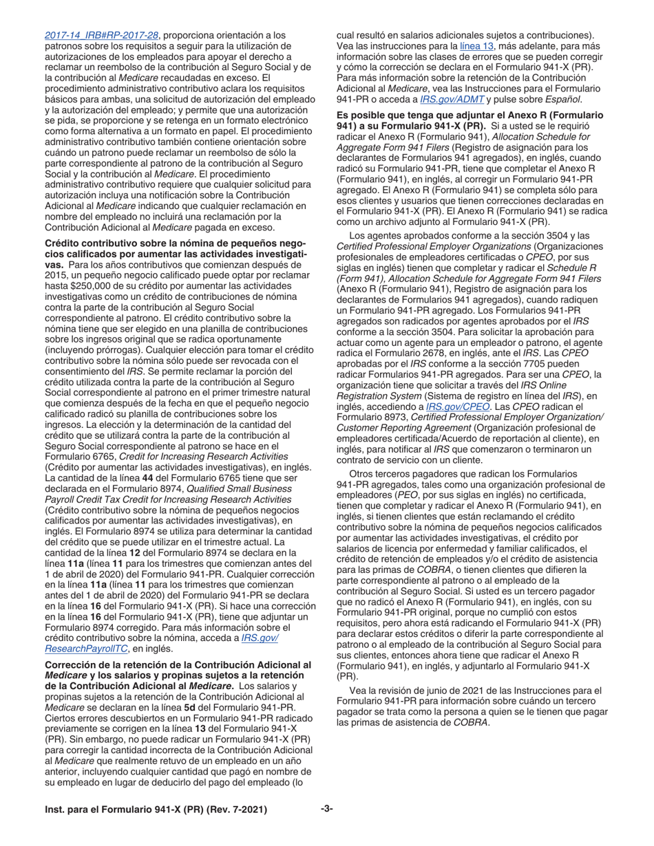 Instrucciones para IRS Formulario 941-X (PR) Ajuste a La Declaracion Federal Trimestral Del Patrono O Reclamacion De Reembolso (Puerto Rican Spanish), Page 3