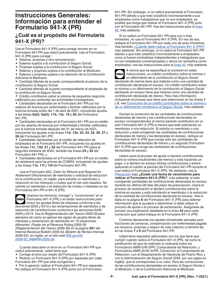 Instrucciones para IRS Formulario 941-X (PR) Ajuste a La Declaracion Federal Trimestral Del Patrono O Reclamacion De Reembolso (Puerto Rican Spanish), Page 4