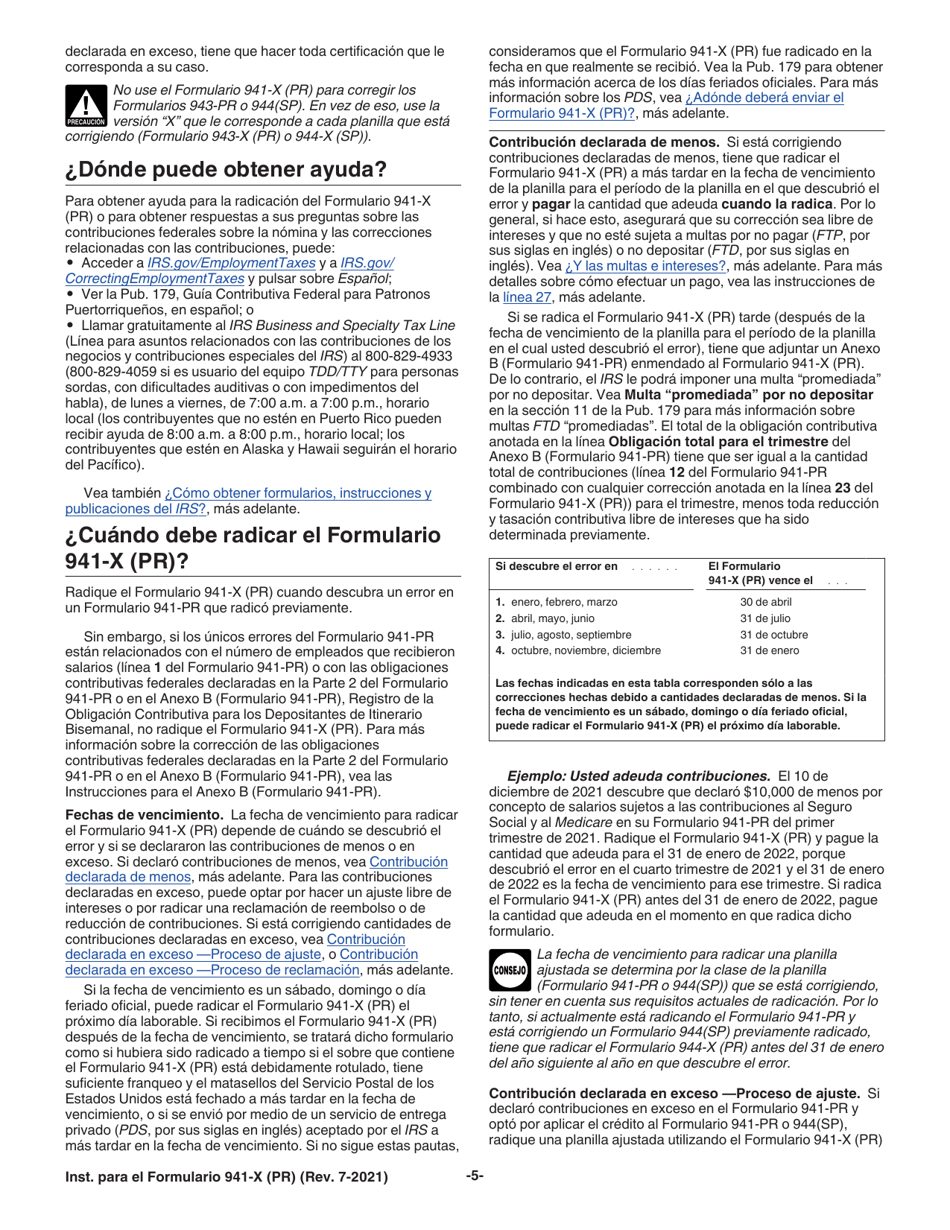 Instrucciones para IRS Formulario 941-X (PR) Ajuste a La Declaracion Federal Trimestral Del Patrono O Reclamacion De Reembolso (Puerto Rican Spanish), Page 5