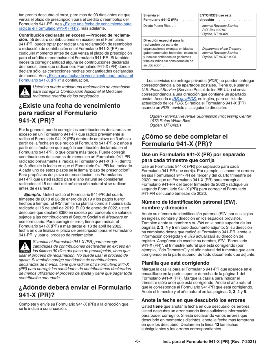 Instrucciones para IRS Formulario 941-X (PR) Ajuste a La Declaracion Federal Trimestral Del Patrono O Reclamacion De Reembolso (Puerto Rican Spanish), Page 6