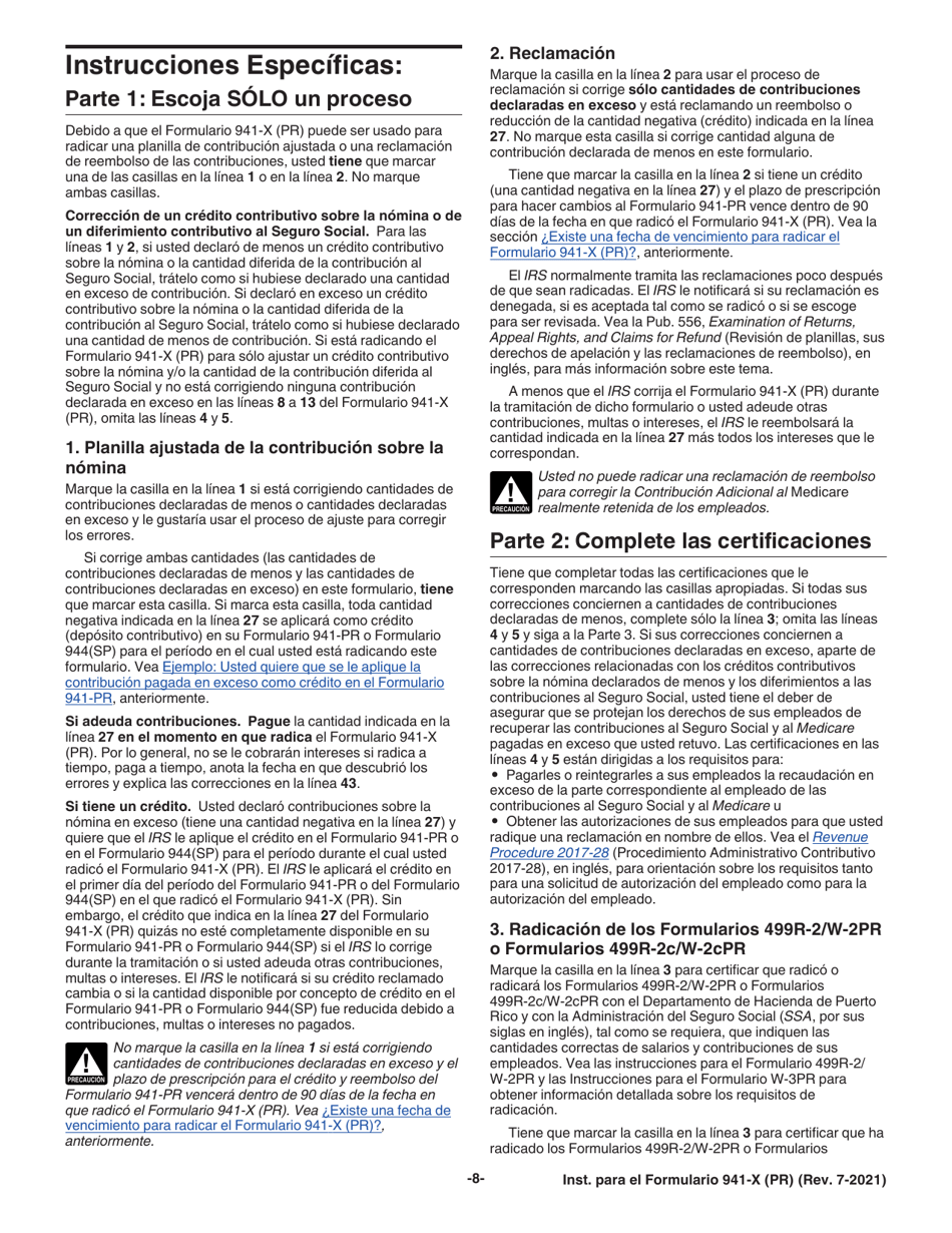 Instrucciones para IRS Formulario 941-X (PR) Ajuste a La Declaracion Federal Trimestral Del Patrono O Reclamacion De Reembolso (Puerto Rican Spanish), Page 8
