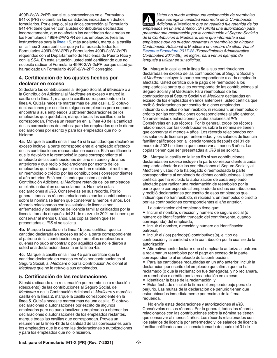 Instrucciones para IRS Formulario 941-X (PR) Ajuste a La Declaracion Federal Trimestral Del Patrono O Reclamacion De Reembolso (Puerto Rican Spanish), Page 9