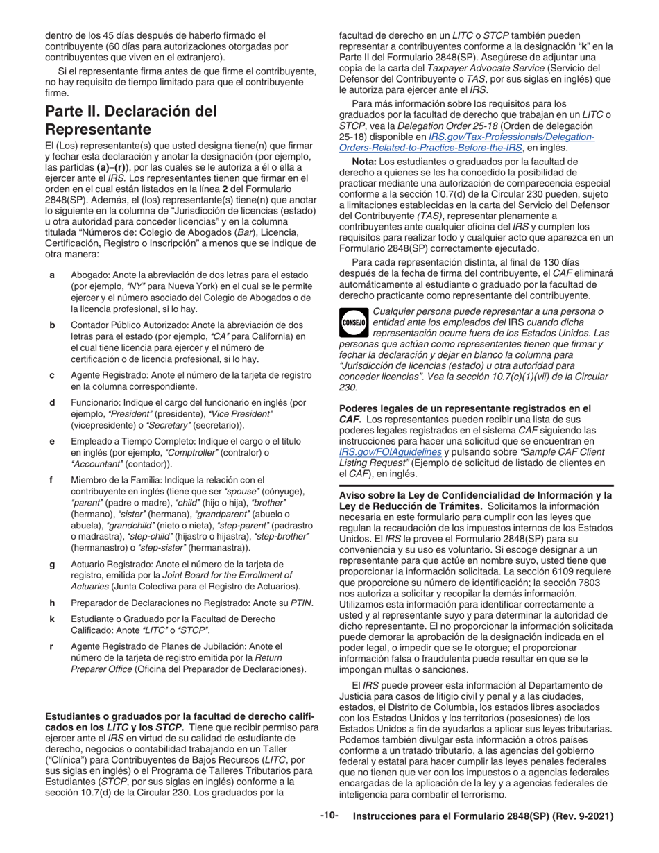 Instrucciones para IRS Formulario 2848(SP) Poder Legal Y Declaracion Del Representante (Spanish), Page 10
