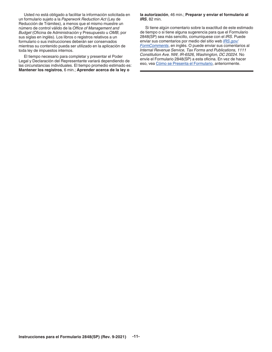 Instrucciones para IRS Formulario 2848(SP) Poder Legal Y Declaracion Del Representante (Spanish), Page 11