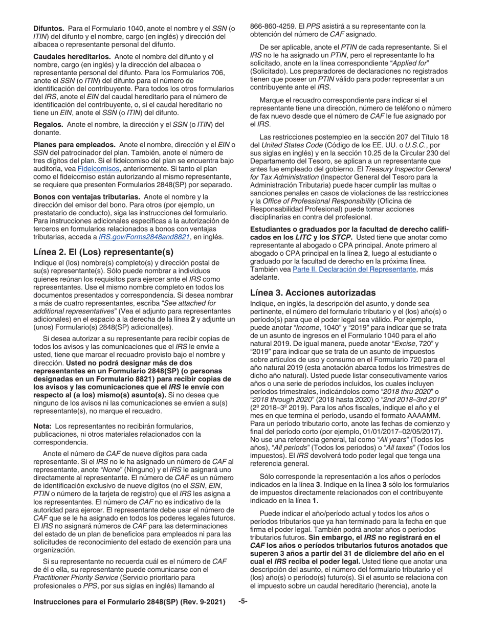 Instrucciones para IRS Formulario 2848(SP) Poder Legal Y Declaracion Del Representante (Spanish), Page 5