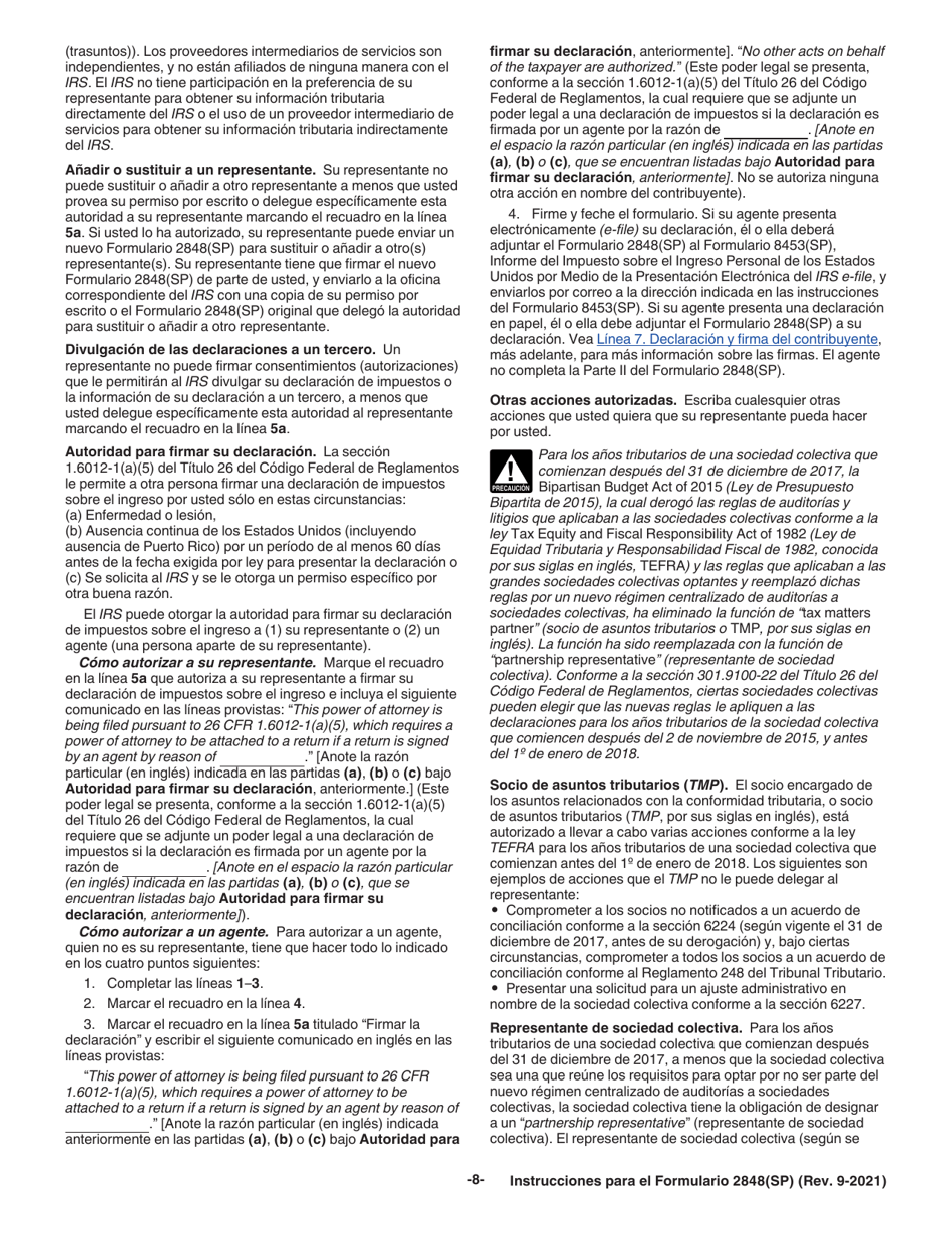 Instrucciones para IRS Formulario 2848(SP) Poder Legal Y Declaracion Del Representante (Spanish), Page 8