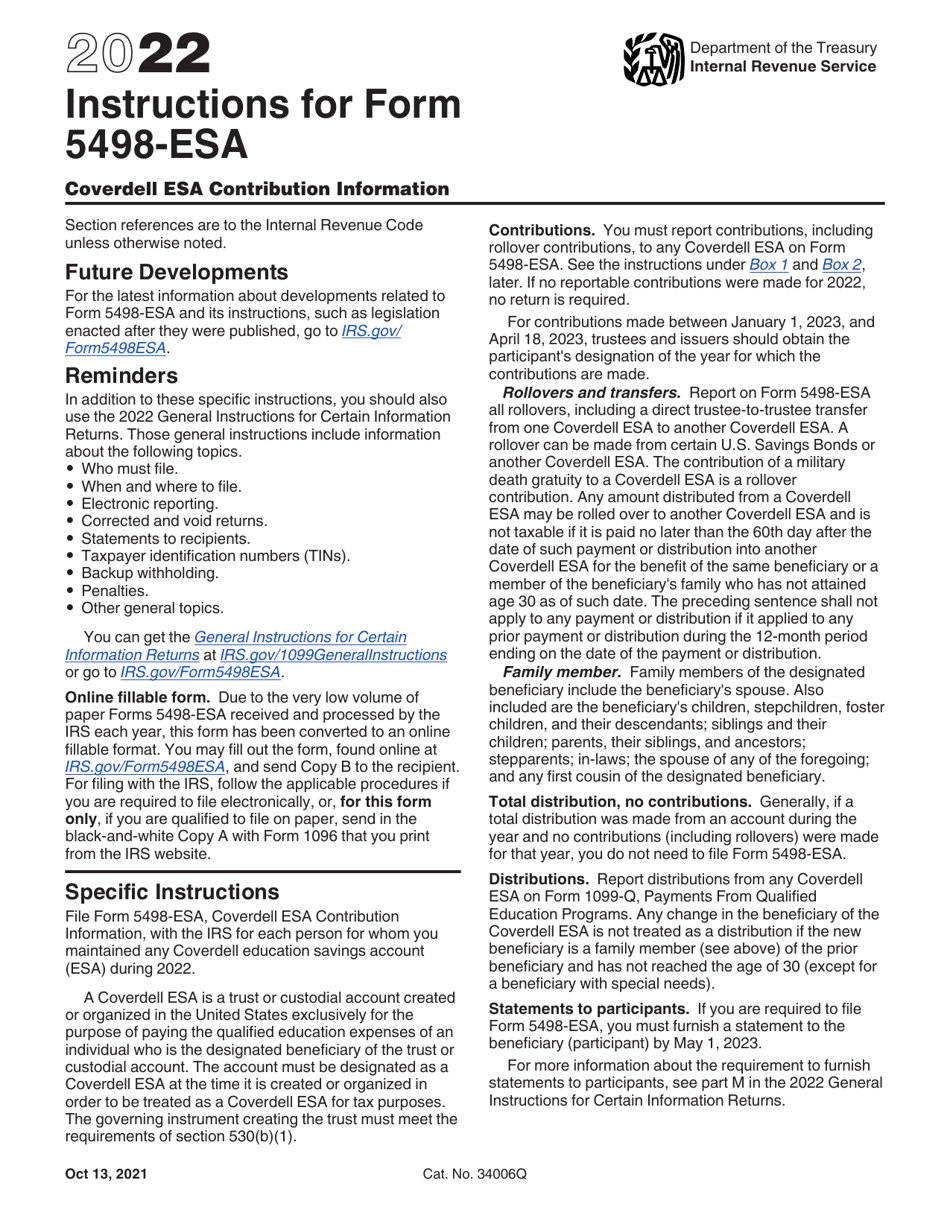 Download Instructions for IRS Form 5498ESA Coverdell Esa Contribution