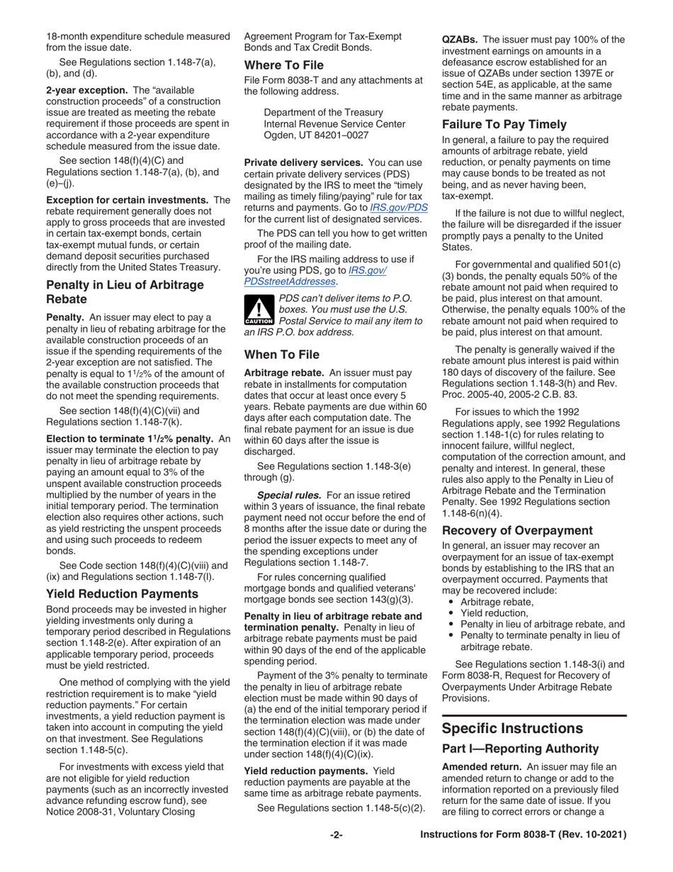 Instructions for IRS Form 8038-T Arbitrage Rebate, Yield Reduction, and Penalty in Lieu of Arbitrage Rebate, Page 2