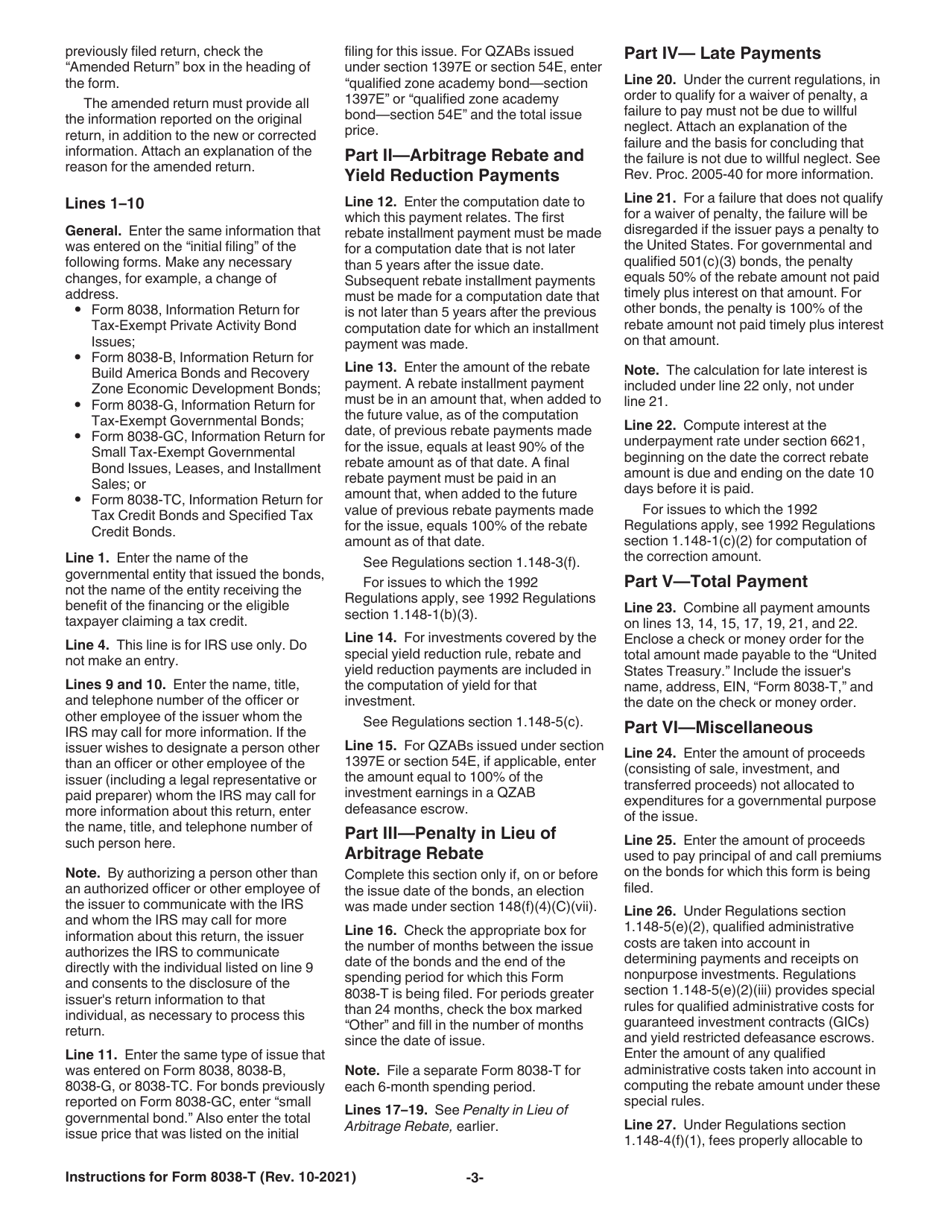 Instructions for IRS Form 8038-T Arbitrage Rebate, Yield Reduction, and Penalty in Lieu of Arbitrage Rebate, Page 3