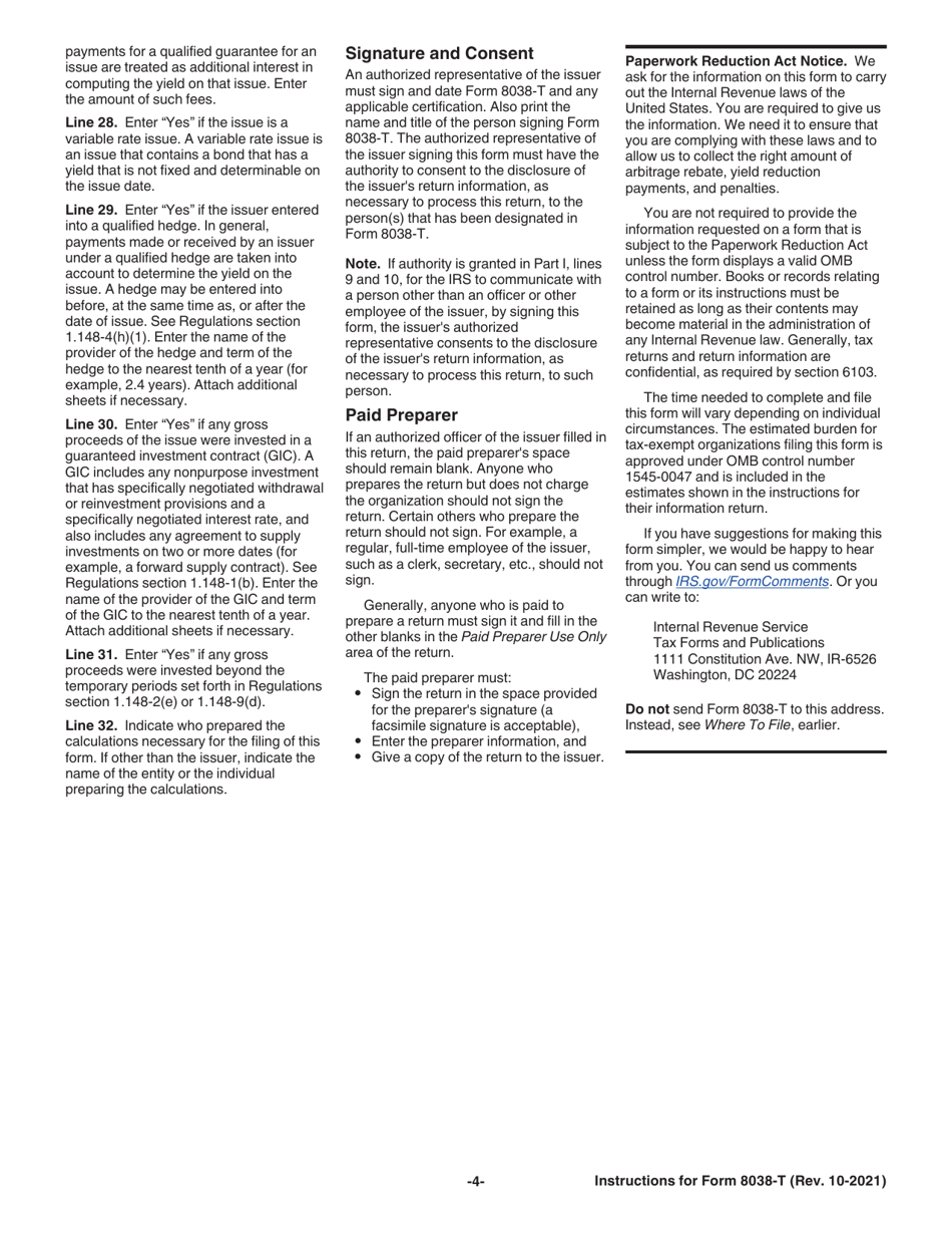 Instructions for IRS Form 8038-T Arbitrage Rebate, Yield Reduction, and Penalty in Lieu of Arbitrage Rebate, Page 4