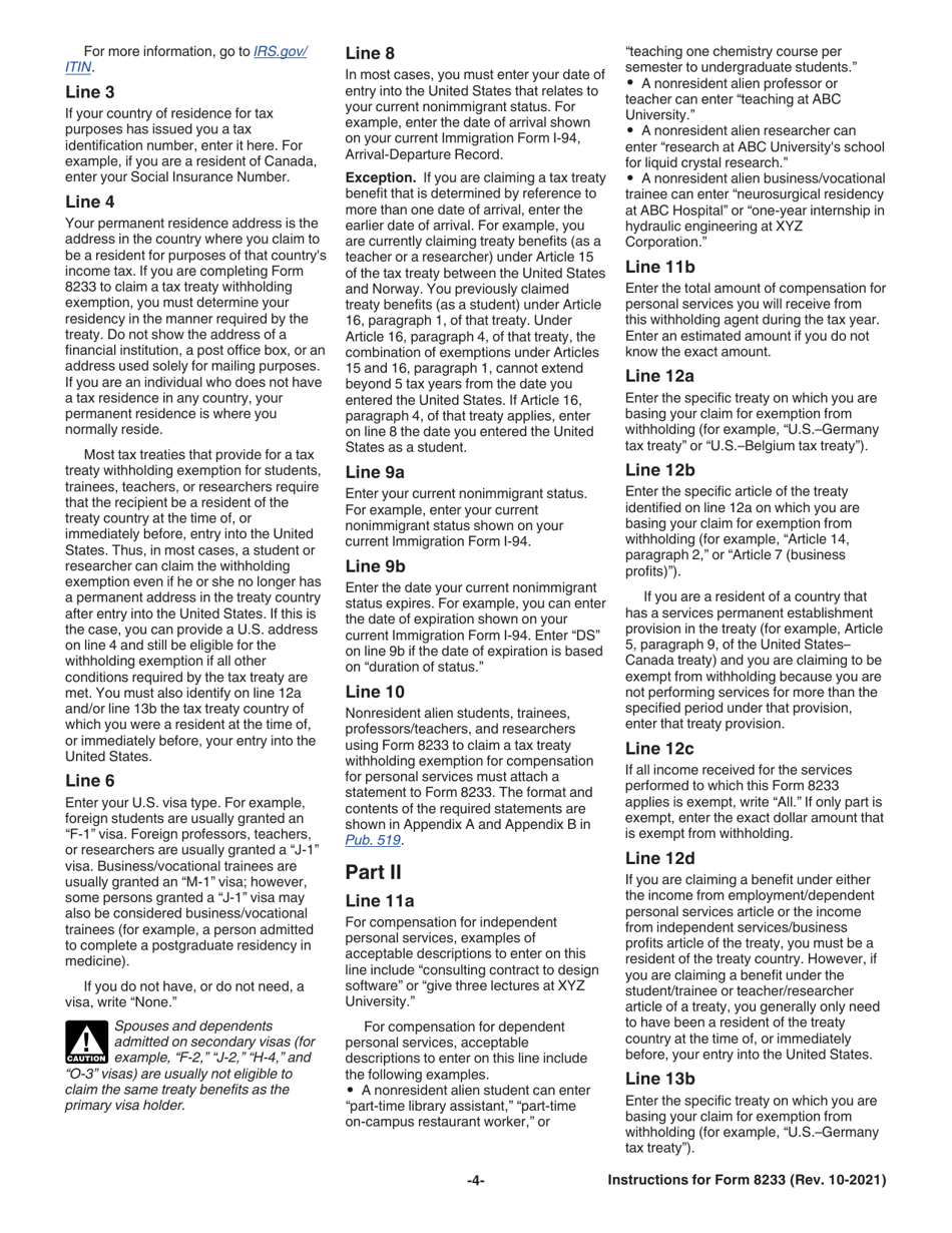 Instructions for IRS Form 8233 Exemption From Withholding on Compensation for Independent (And Certain Dependent) Personal Services of a Nonresident Alien Individual, Page 4