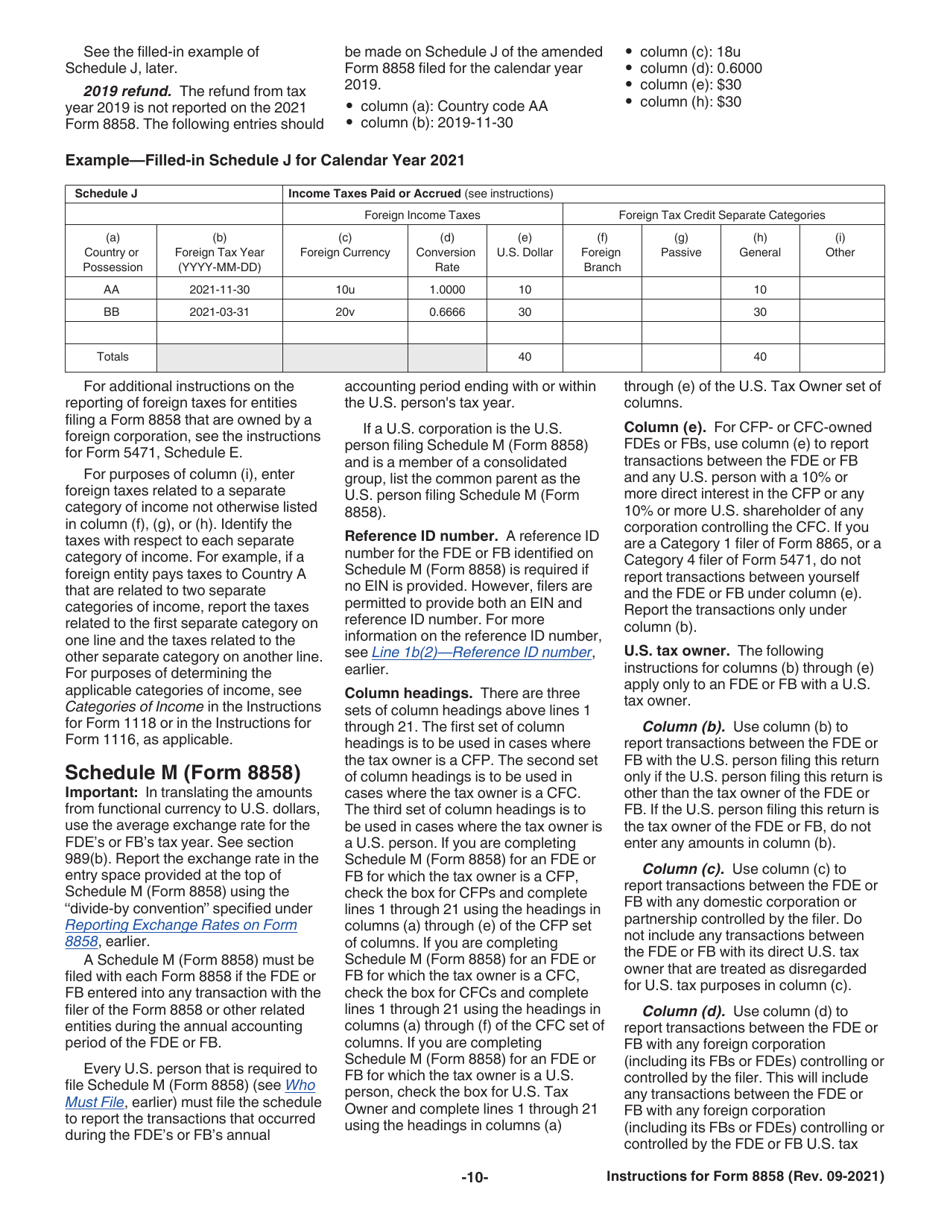 Instructions for IRS Form 8858 Information Return of U.S. Persons With Respect to Foreign Disregarded Entities (Fdes) and Foreign Branches (Fbs), Page 10