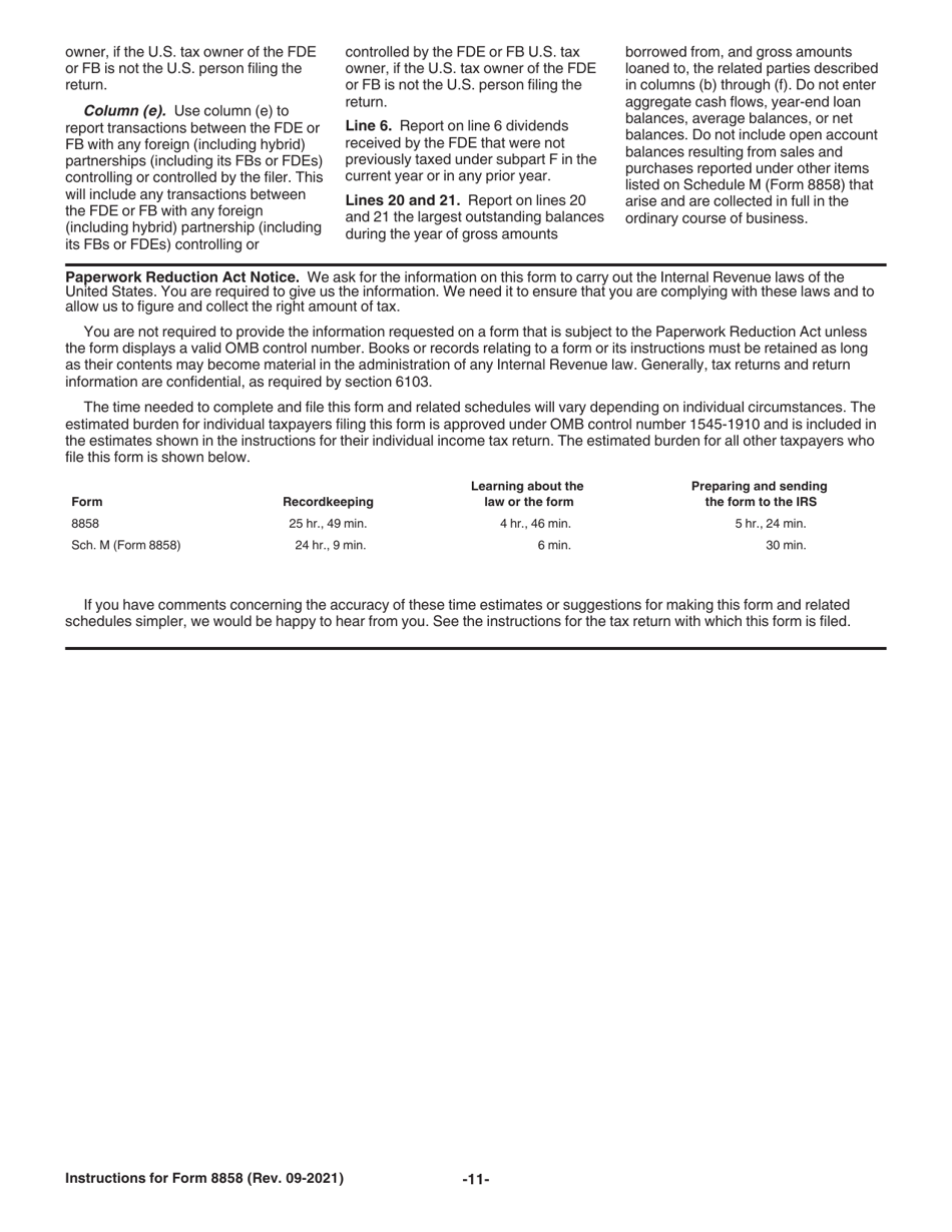 Instructions for IRS Form 8858 Information Return of U.S. Persons With Respect to Foreign Disregarded Entities (Fdes) and Foreign Branches (Fbs), Page 11