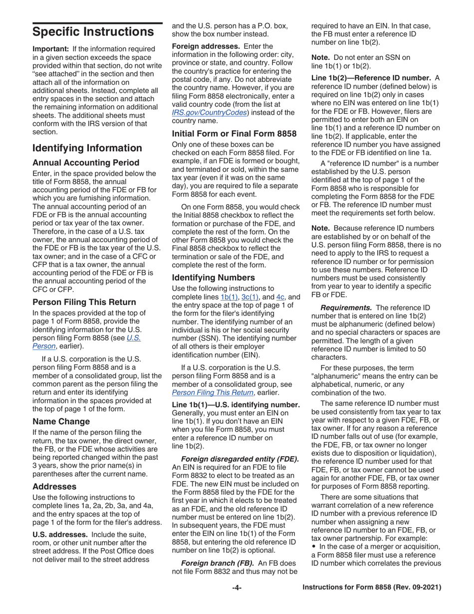 Instructions for IRS Form 8858 Information Return of U.S. Persons With Respect to Foreign Disregarded Entities (Fdes) and Foreign Branches (Fbs), Page 4