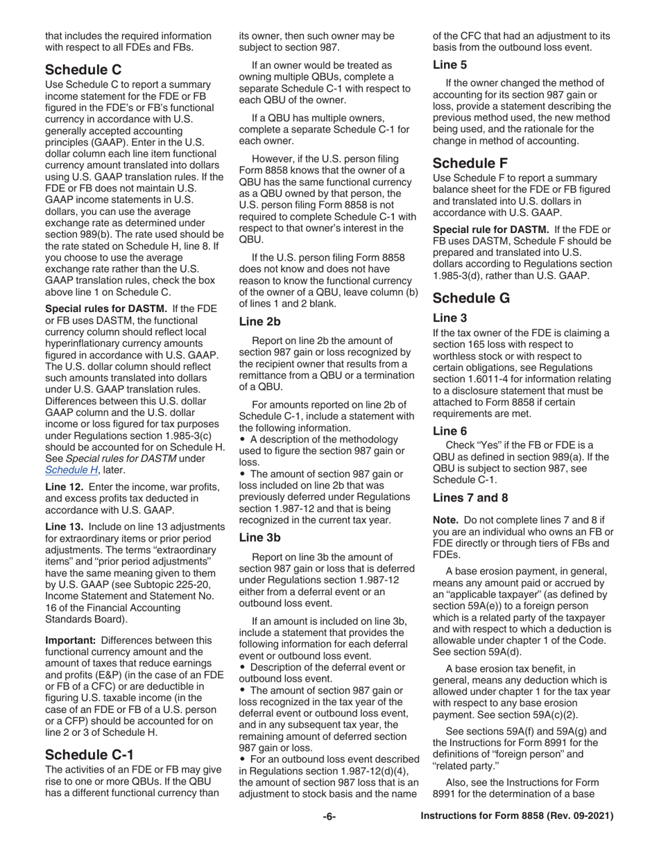 Instructions for IRS Form 8858 Information Return of U.S. Persons With Respect to Foreign Disregarded Entities (Fdes) and Foreign Branches (Fbs), Page 6