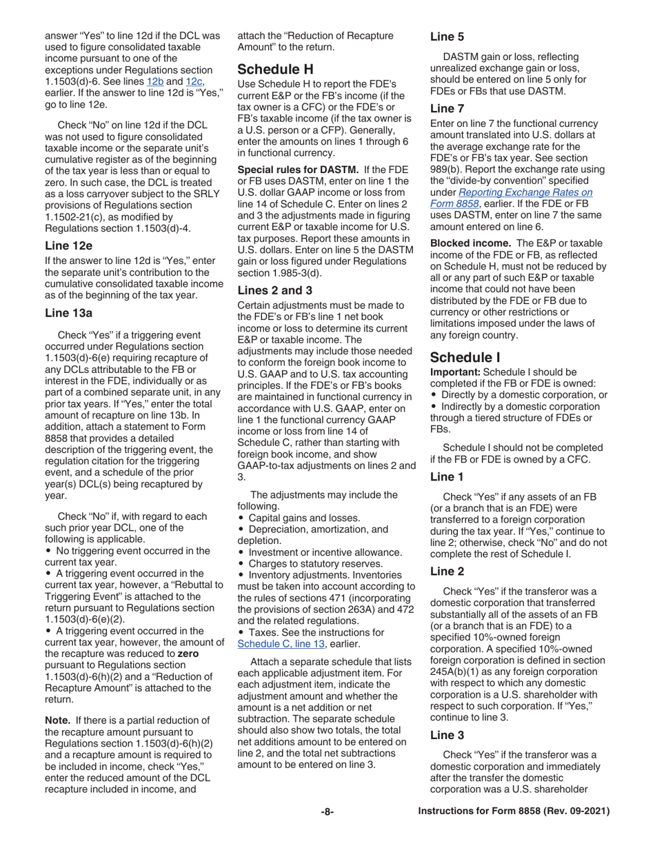 Instructions for IRS Form 8858 Information Return of U.S. Persons With Respect to Foreign Disregarded Entities (Fdes) and Foreign Branches (Fbs), Page 8