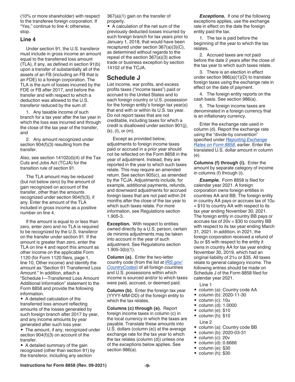 Instructions for IRS Form 8858 Information Return of U.S. Persons With Respect to Foreign Disregarded Entities (Fdes) and Foreign Branches (Fbs), Page 9