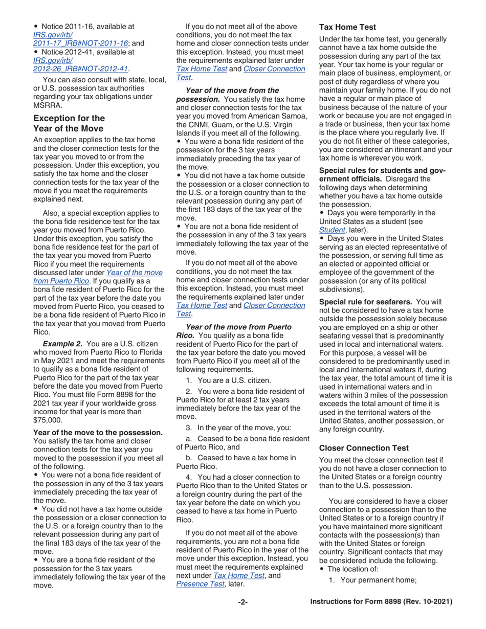 Instructions for IRS Form 8898 Statement for Individuals Who Begin or End Bona Fide Residence in a U.S. Possession, Page 2