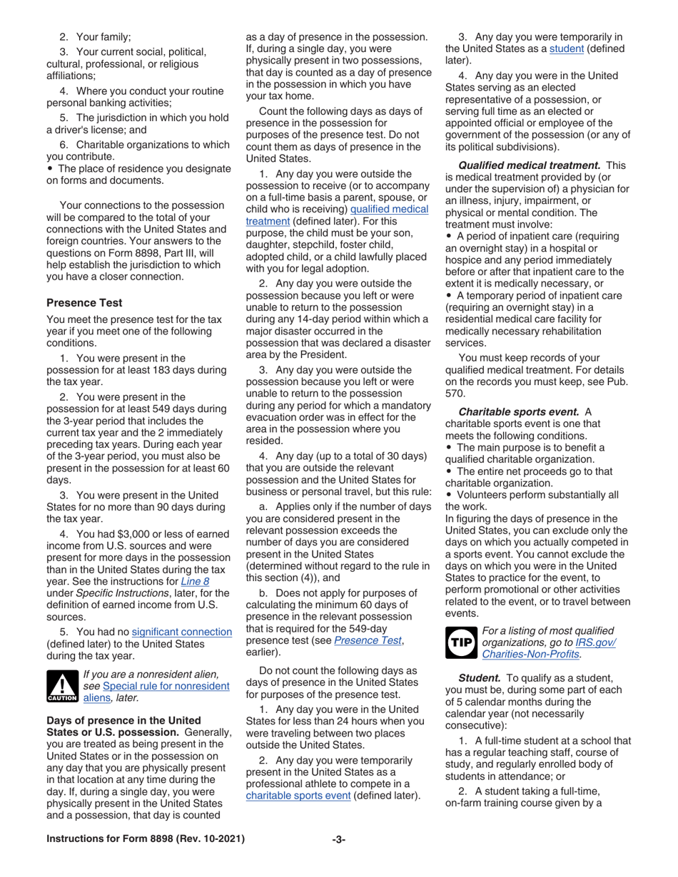 Instructions for IRS Form 8898 Statement for Individuals Who Begin or End Bona Fide Residence in a U.S. Possession, Page 3