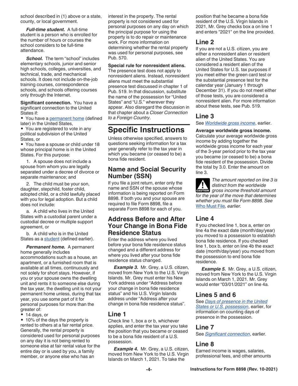 Instructions for IRS Form 8898 Statement for Individuals Who Begin or End Bona Fide Residence in a U.S. Possession, Page 4