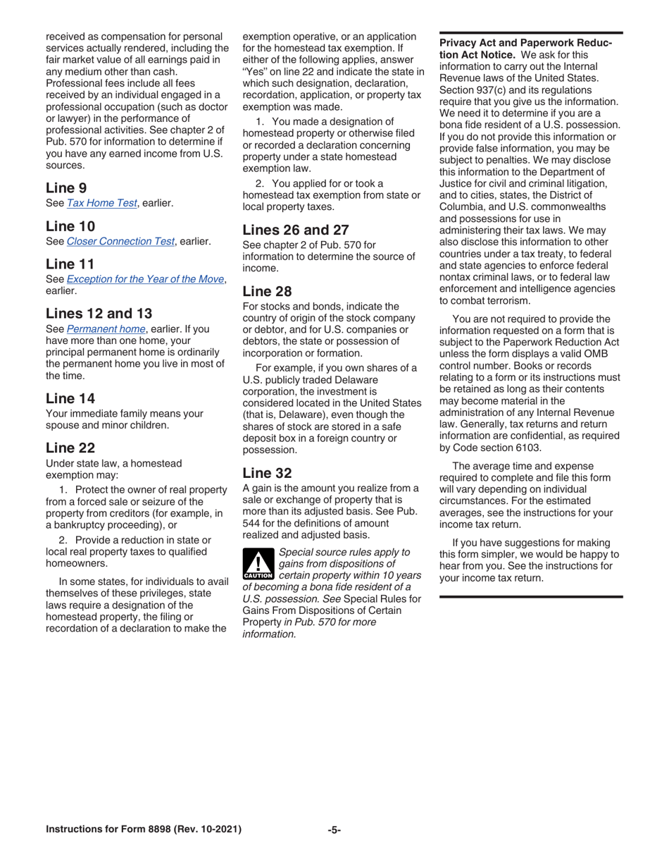 Instructions for IRS Form 8898 Statement for Individuals Who Begin or End Bona Fide Residence in a U.S. Possession, Page 5
