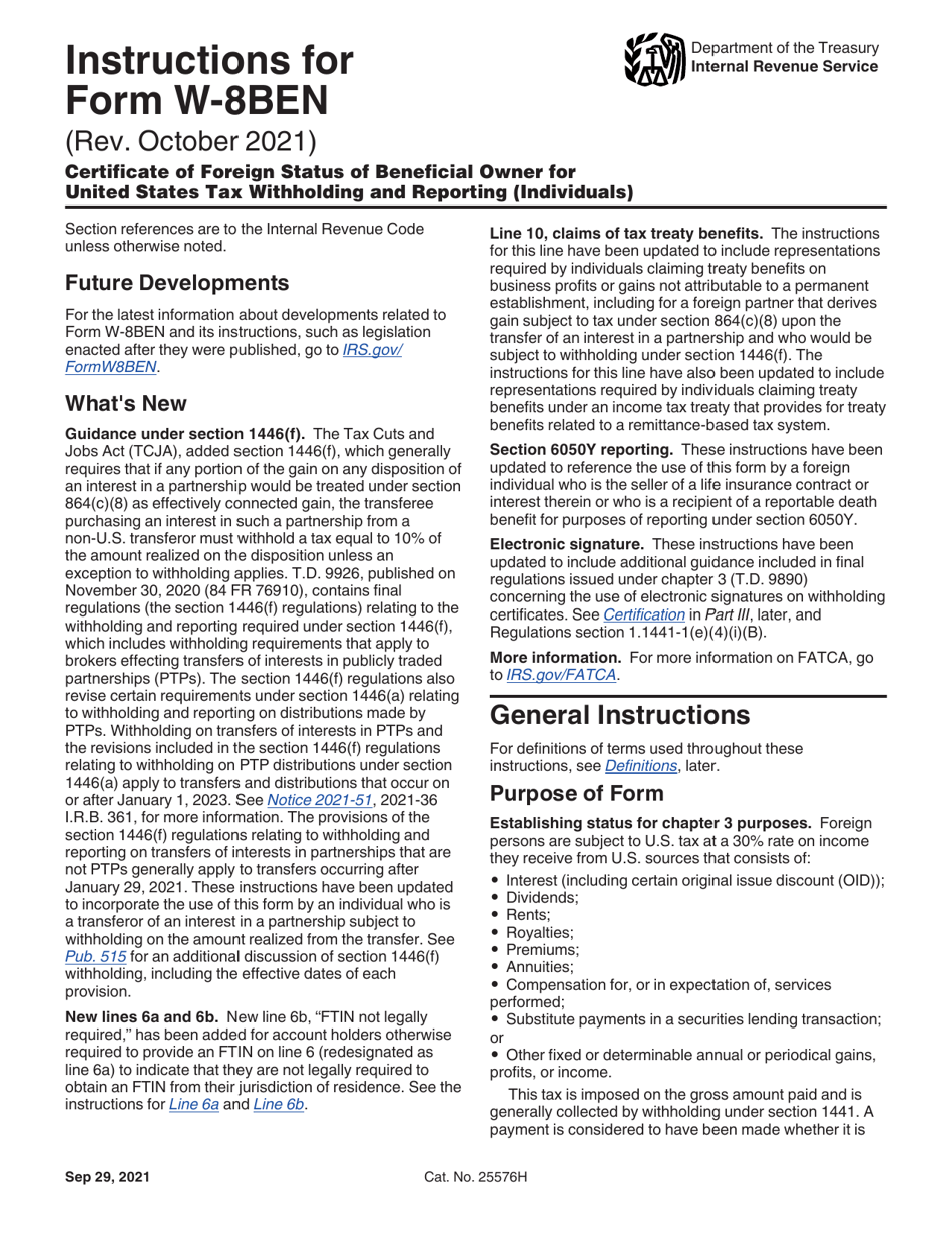 Instructions for IRS Form W-8BEN Certificate of Foreign Status of Beneficial Owner for United States Tax Withholding and Reporting (Individuals), Page 1