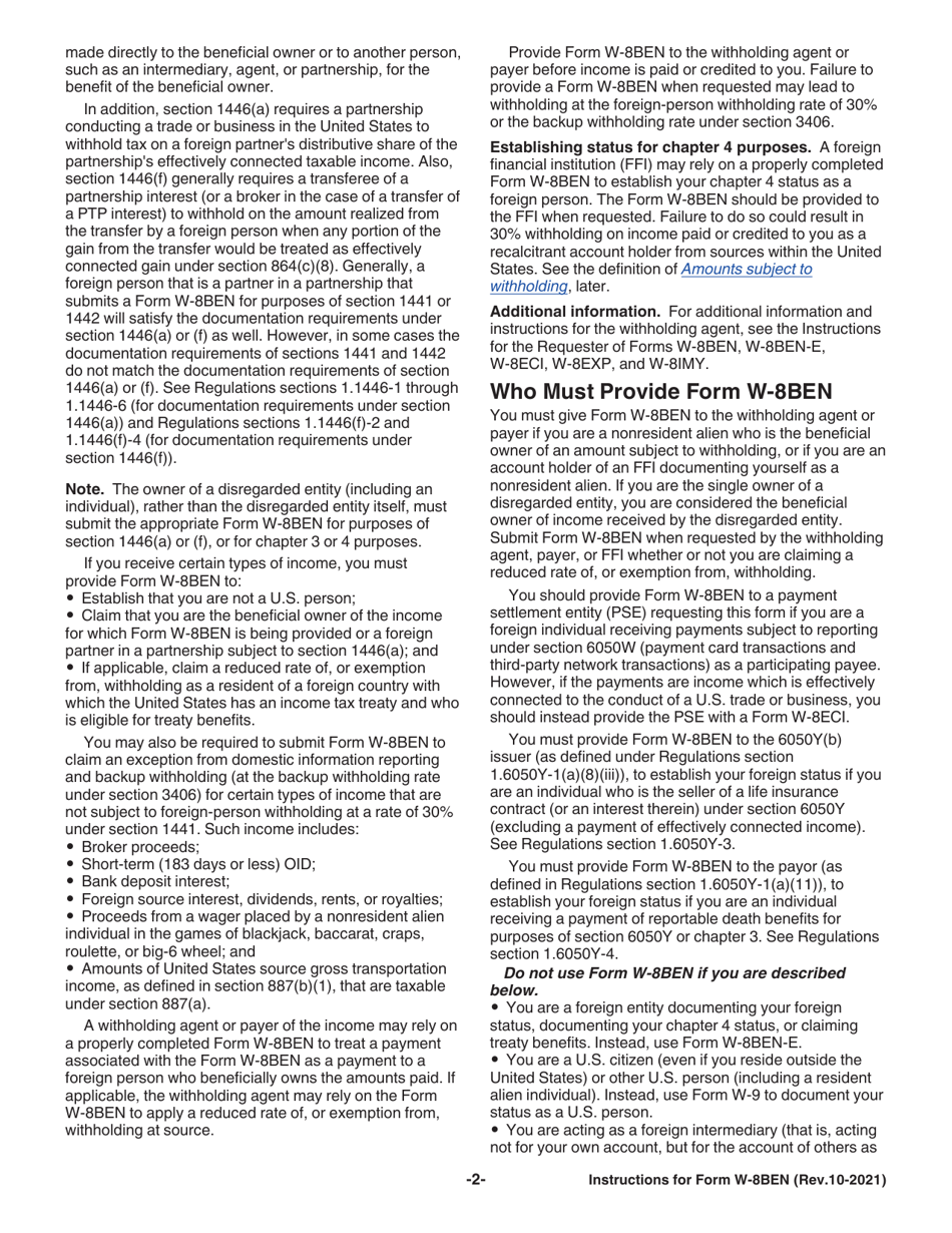 Instructions for IRS Form W-8BEN Certificate of Foreign Status of Beneficial Owner for United States Tax Withholding and Reporting (Individuals), Page 2