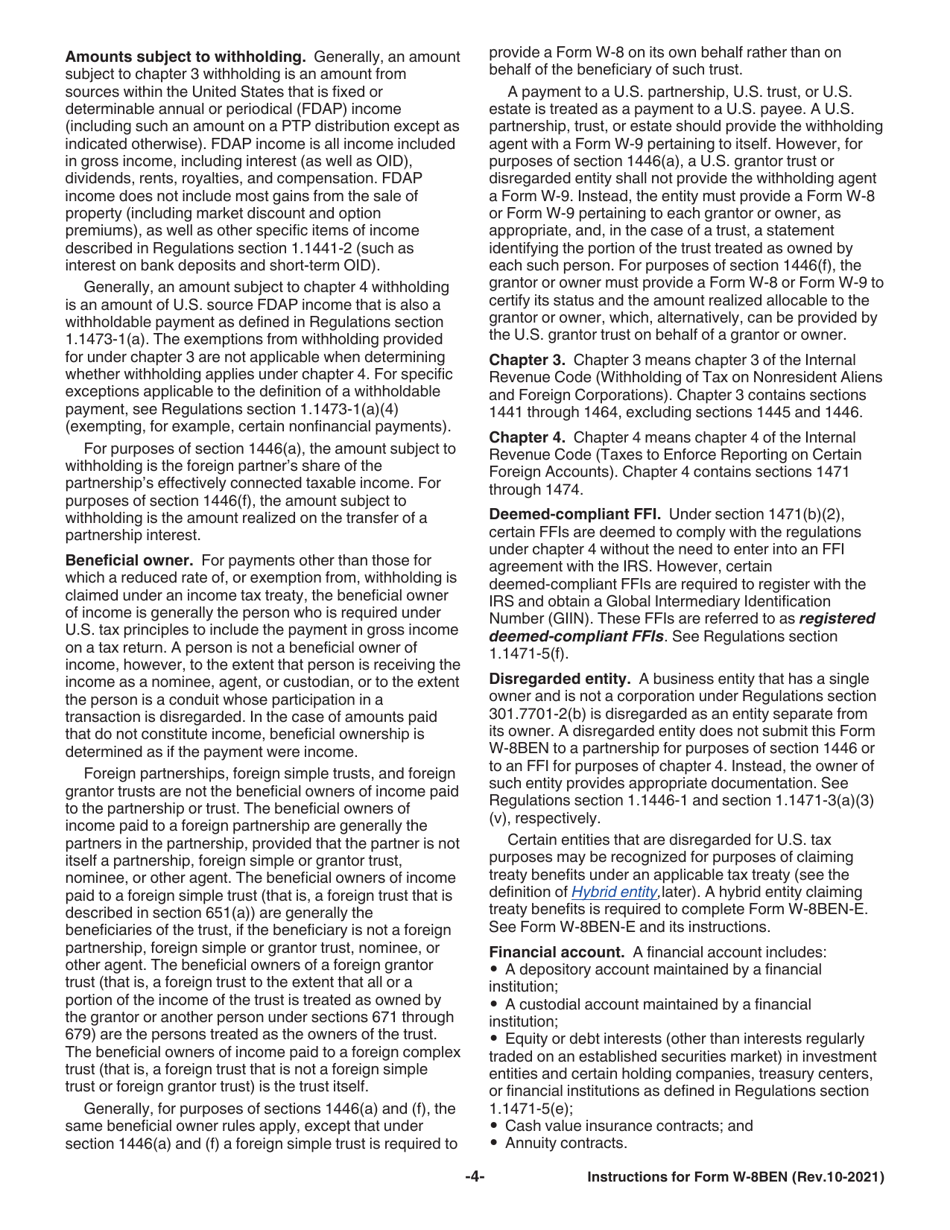 Instructions for IRS Form W-8BEN Certificate of Foreign Status of Beneficial Owner for United States Tax Withholding and Reporting (Individuals), Page 4