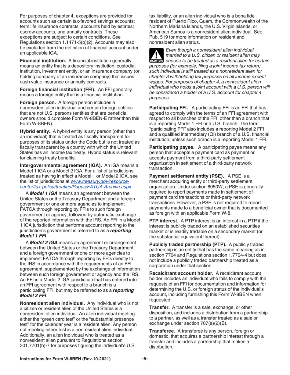 Instructions for IRS Form W-8BEN Certificate of Foreign Status of Beneficial Owner for United States Tax Withholding and Reporting (Individuals), Page 5