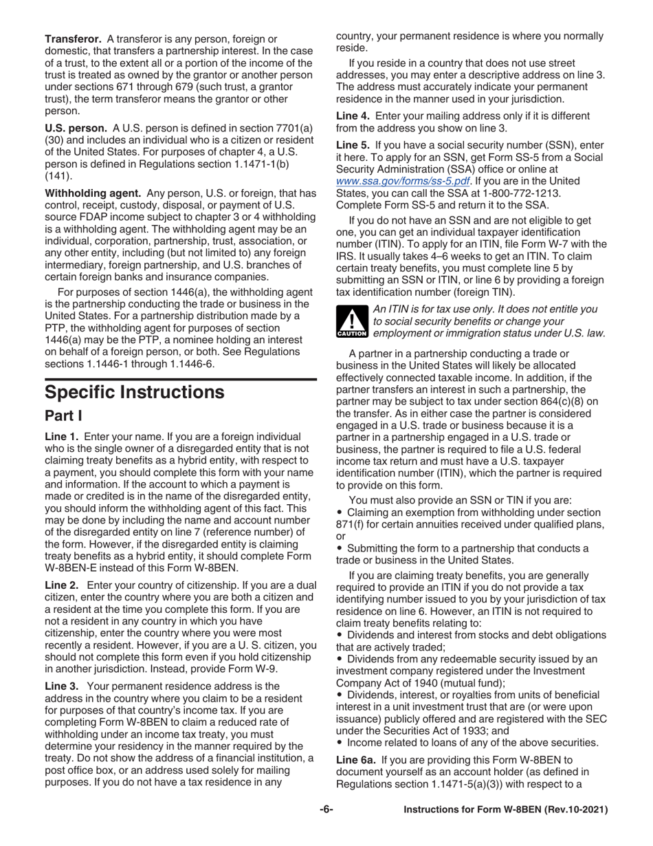 Instructions for IRS Form W-8BEN Certificate of Foreign Status of Beneficial Owner for United States Tax Withholding and Reporting (Individuals), Page 6