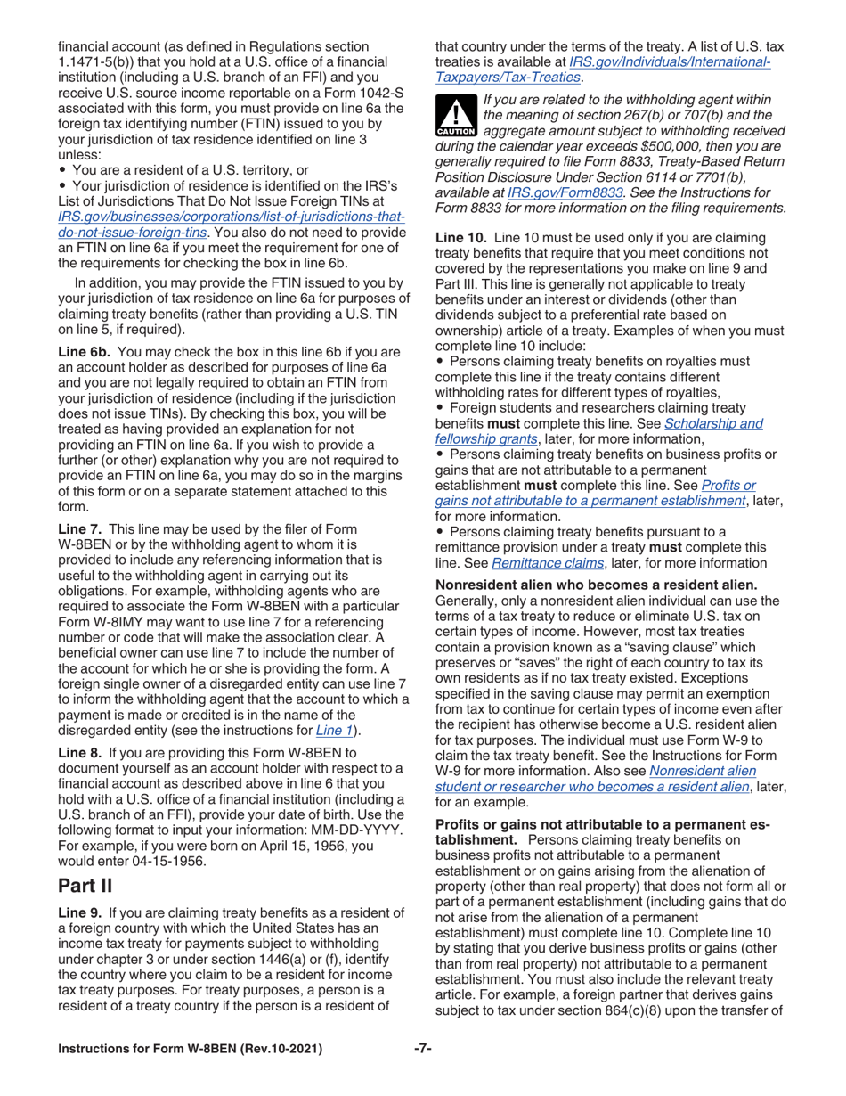 Instructions for IRS Form W-8BEN Certificate of Foreign Status of Beneficial Owner for United States Tax Withholding and Reporting (Individuals), Page 7