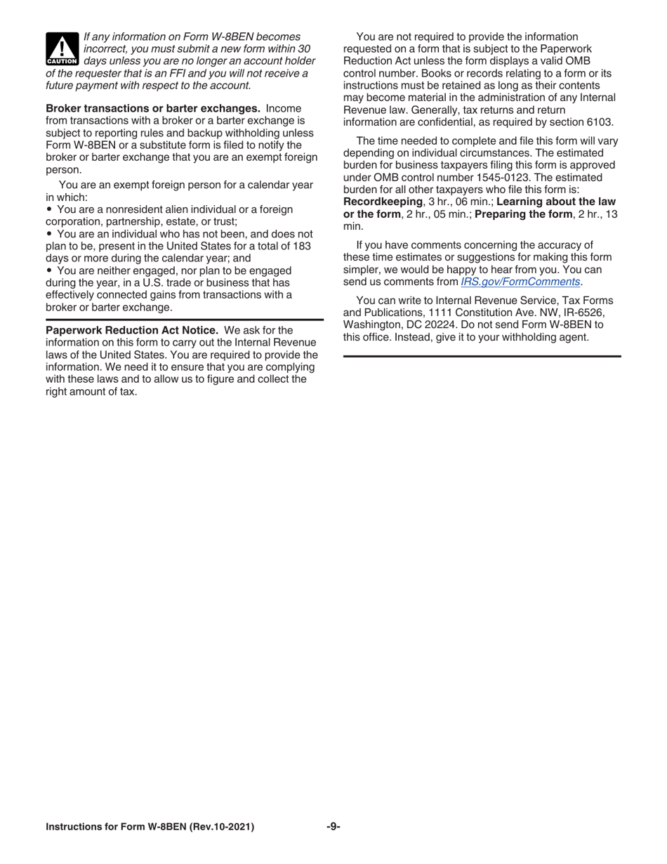 Instructions for IRS Form W-8BEN Certificate of Foreign Status of Beneficial Owner for United States Tax Withholding and Reporting (Individuals), Page 9