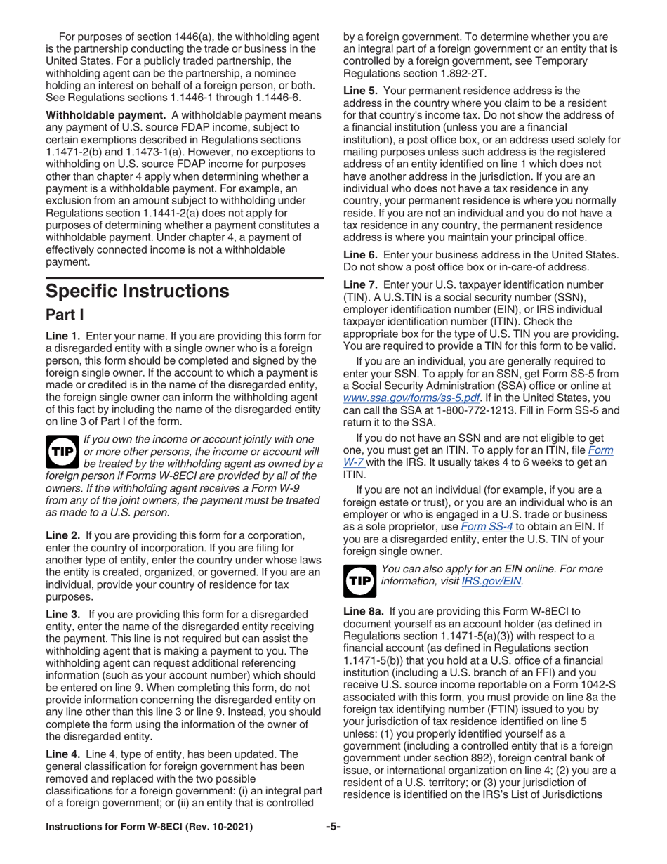 Instructions for IRS Form W-8ECI Certificate of Foreign Persons Claim That Income Is Effectively Connected With the Conduct of a Trade or Business in the United States, Page 5