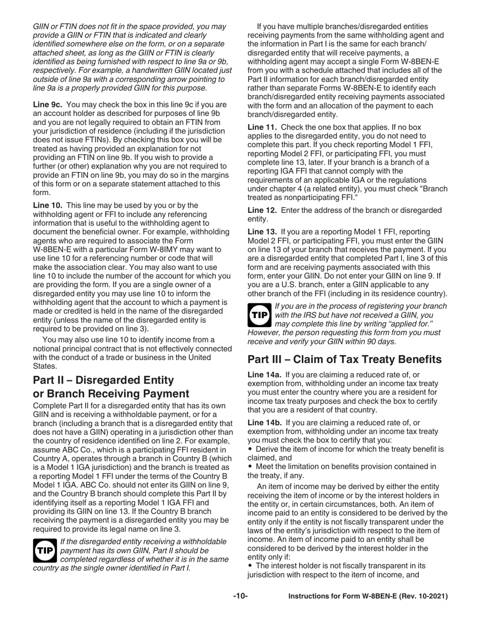 Instructions for IRS Form W-8BEN-E Certificate of Status of Beneficial Owner for United States Tax Withholding and Reporting (Entities), Page 10