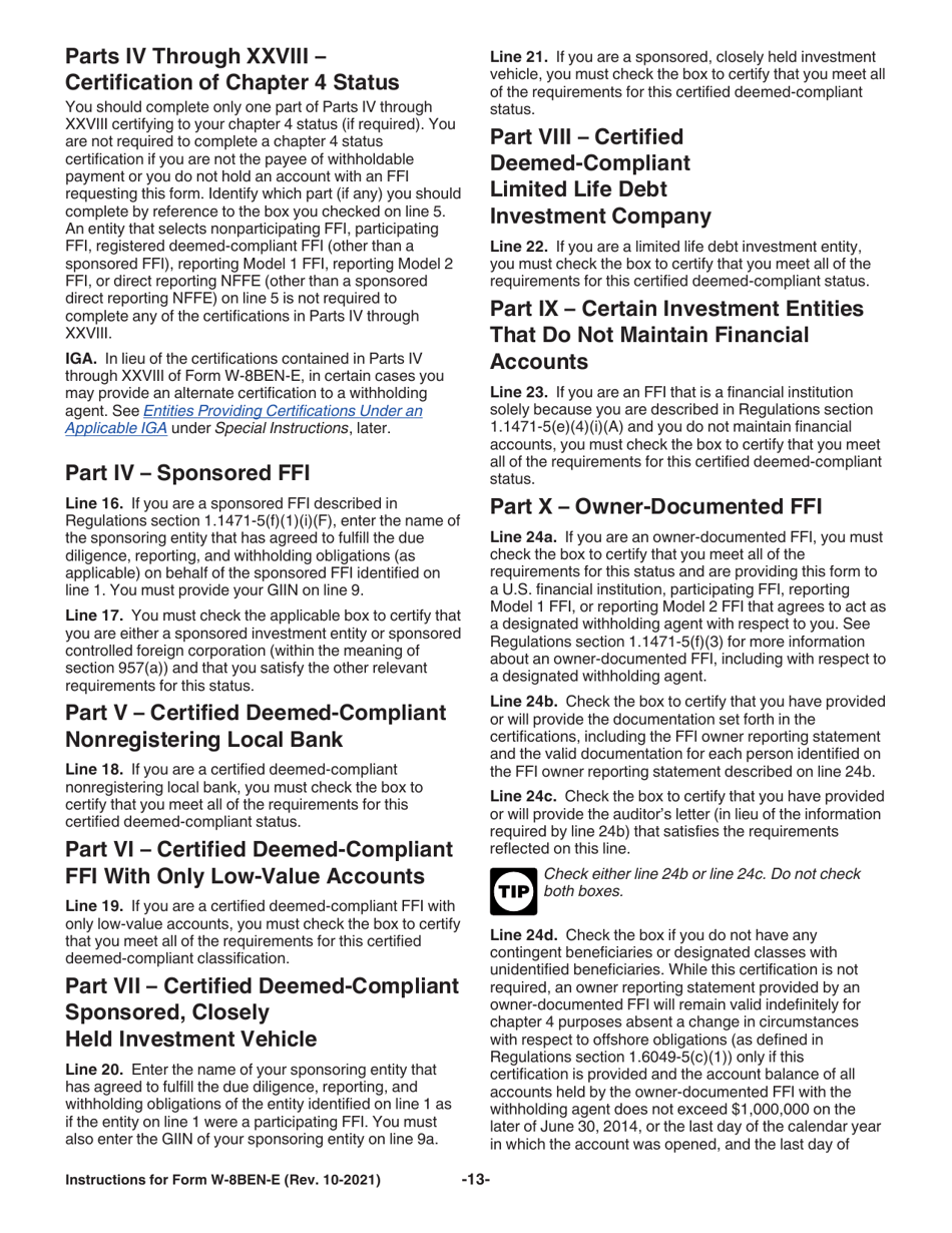 Instructions for IRS Form W-8BEN-E Certificate of Status of Beneficial Owner for United States Tax Withholding and Reporting (Entities), Page 13