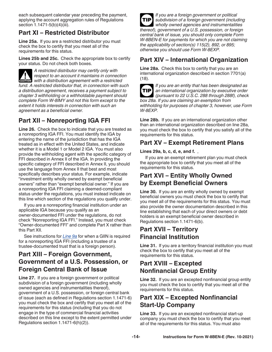 Instructions for IRS Form W-8BEN-E Certificate of Status of Beneficial Owner for United States Tax Withholding and Reporting (Entities), Page 14