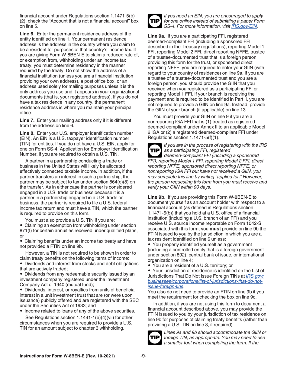 Instructions for IRS Form W-8BEN-E Certificate of Status of Beneficial Owner for United States Tax Withholding and Reporting (Entities), Page 9