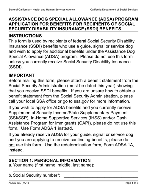 Form ADSA1BL Application for Benefits for Recipients of Social Security Disability Insurance (Ssdi) Benefits - Assistance Dog Special Allowance (Adsa) Program - Large Print - California