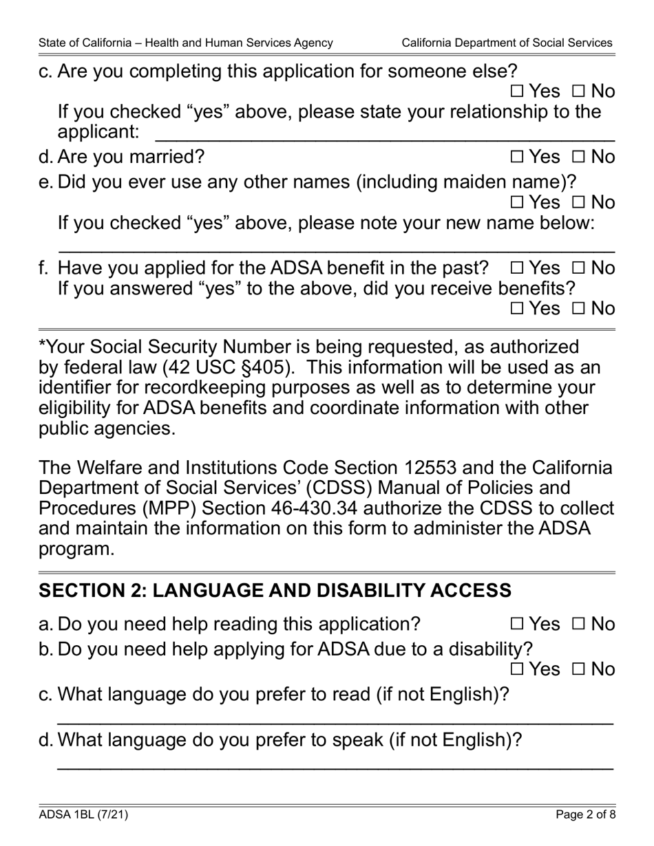 Form ADSA1BL Application for Benefits for Recipients of Social Security Disability Insurance (Ssdi) Benefits - Assistance Dog Special Allowance (Adsa) Program - Large Print - California, Page 2