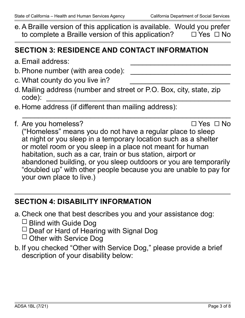 Form ADSA1BL Application for Benefits for Recipients of Social Security Disability Insurance (Ssdi) Benefits - Assistance Dog Special Allowance (Adsa) Program - Large Print - California, Page 3