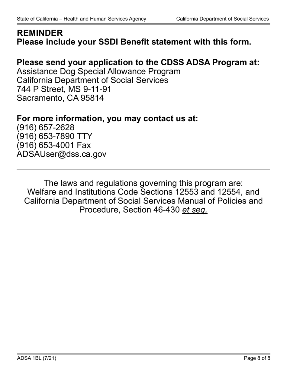 Form ADSA1BL Application for Benefits for Recipients of Social Security Disability Insurance (Ssdi) Benefits - Assistance Dog Special Allowance (Adsa) Program - Large Print - California, Page 8
