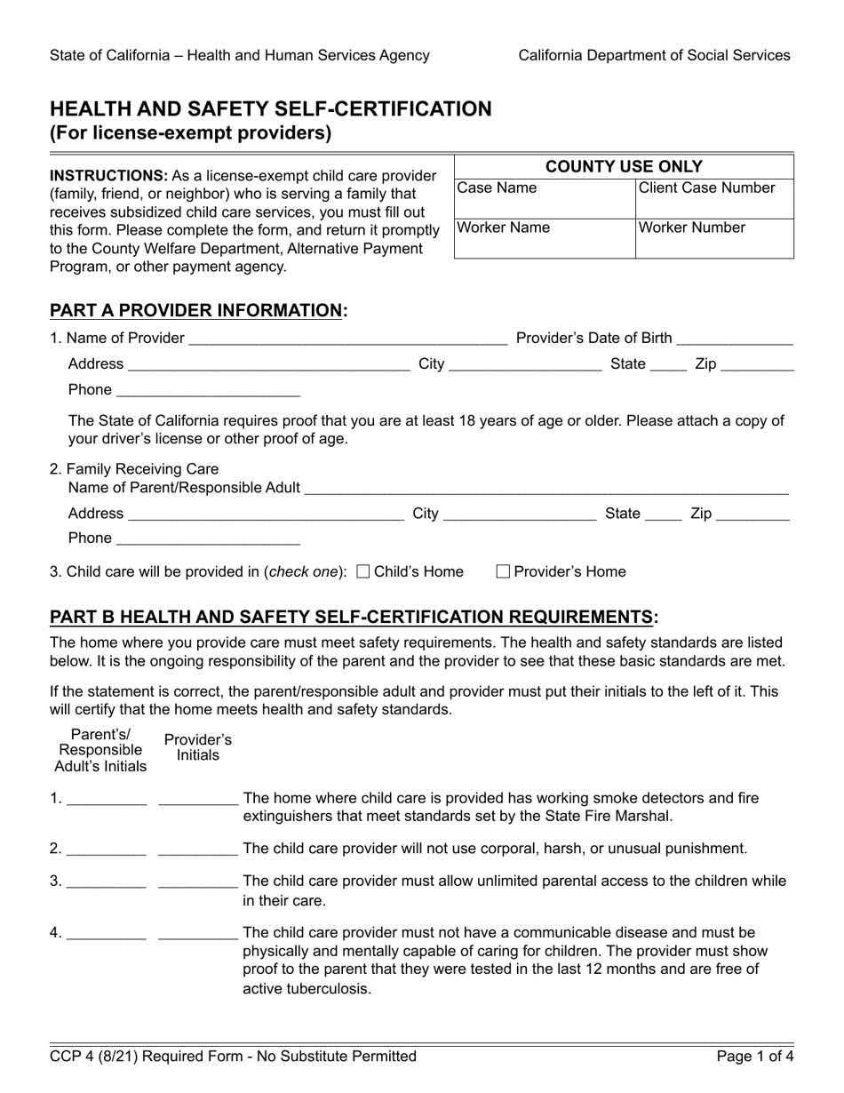 Form CCP4 Health and Safety Self-certification (For License-Exempt Providers) - California, Page 1