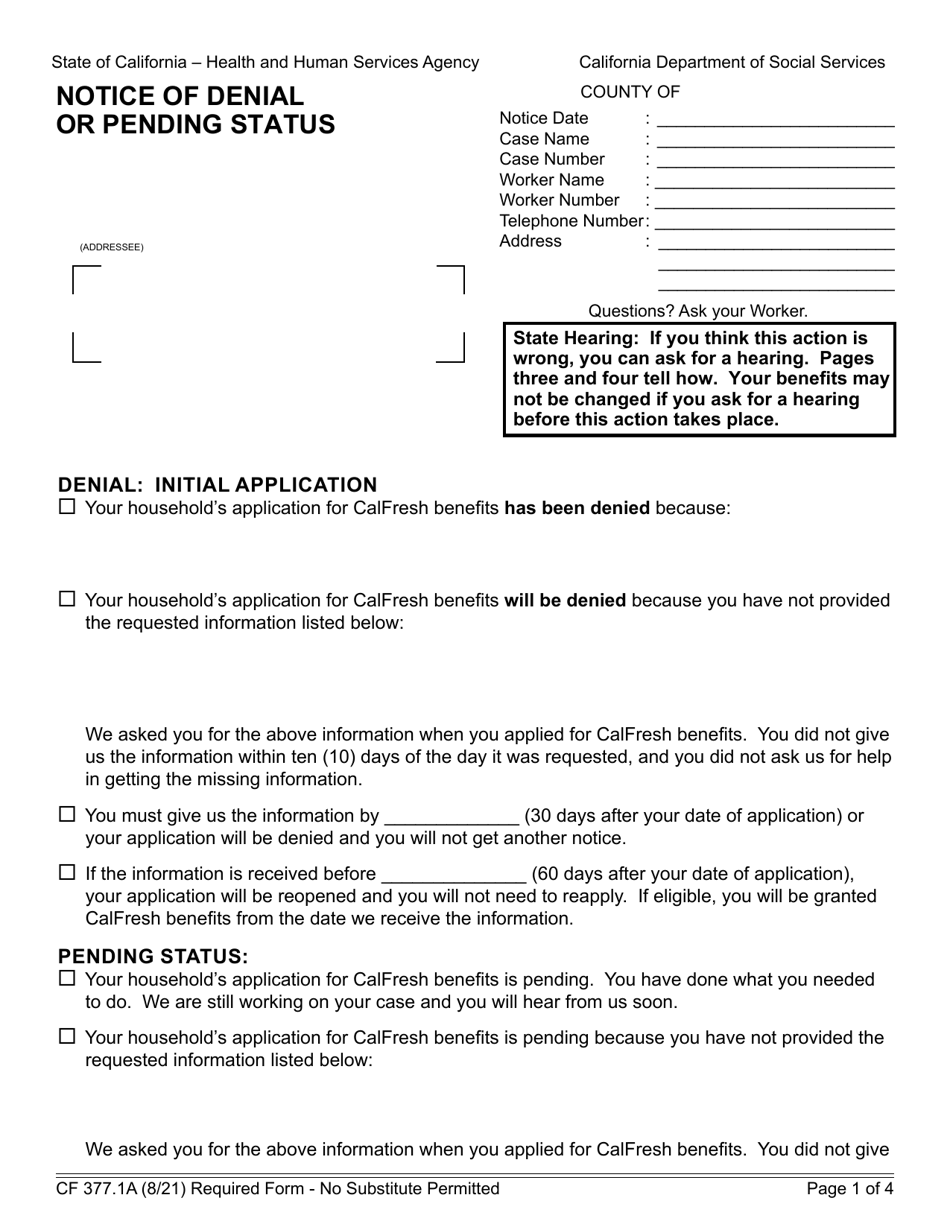 Form CF377.1A Notice of Denial or Pending Status - California, Page 1