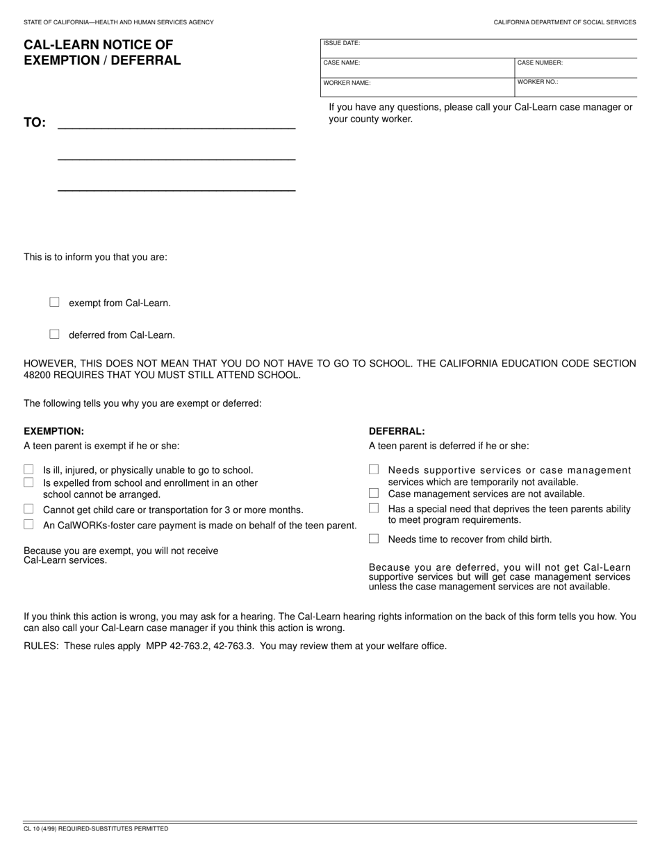 Form CL10 Cal-Learn Notice of Exemption / Deferral - California, Page 1